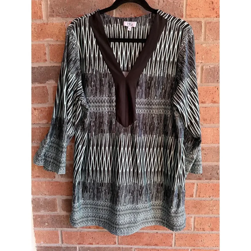 HG Twenty-Six Women's Black White Stretch V-Neck 3/4 Sleeve Tunic Blouse Size 2X - Picture 1 of 4